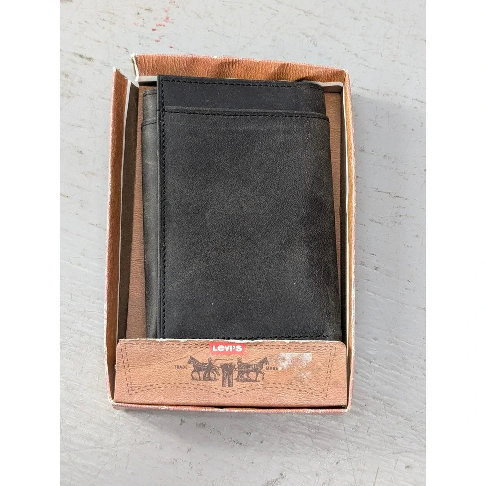 Levis Mens Black Leather Trifold‎ Wallet Vintage Style 4504 New Old Stock